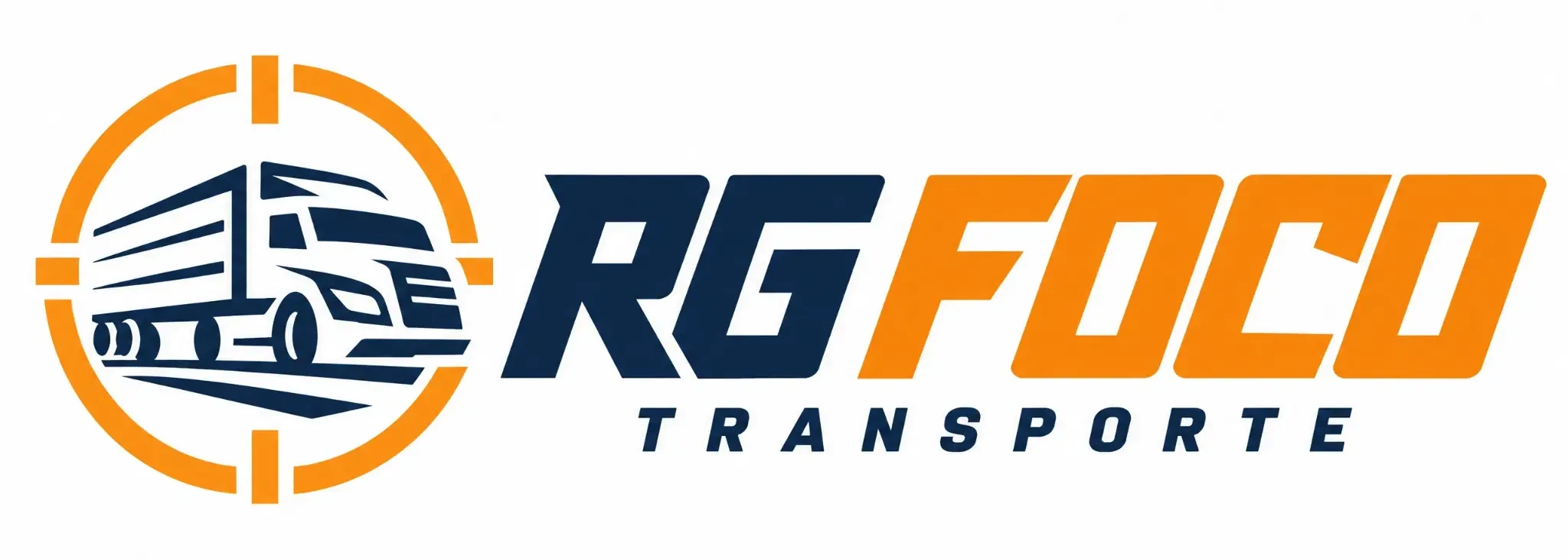 RG FOCO Transporte — RG em azul-marinho, FOCO em laranja e caminhão dentro do círculo de foco